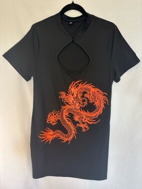 SHEIN Black Mini Dress with Orange Dragon Print and Front Cutout
